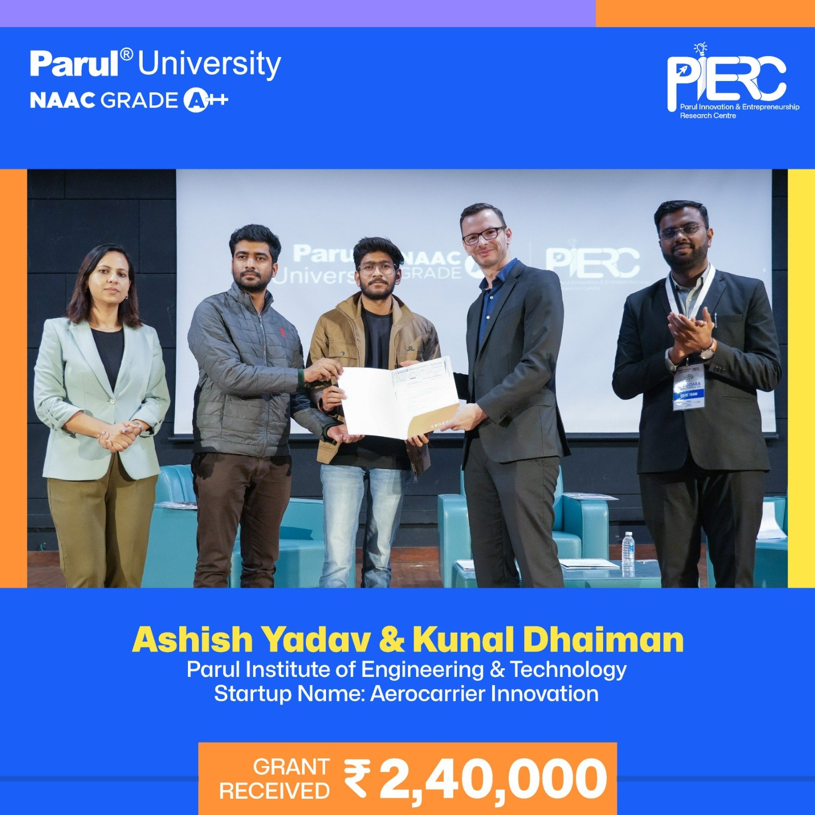 Aerocarrier Innovation receiving prototype grant at Parul University PIERC